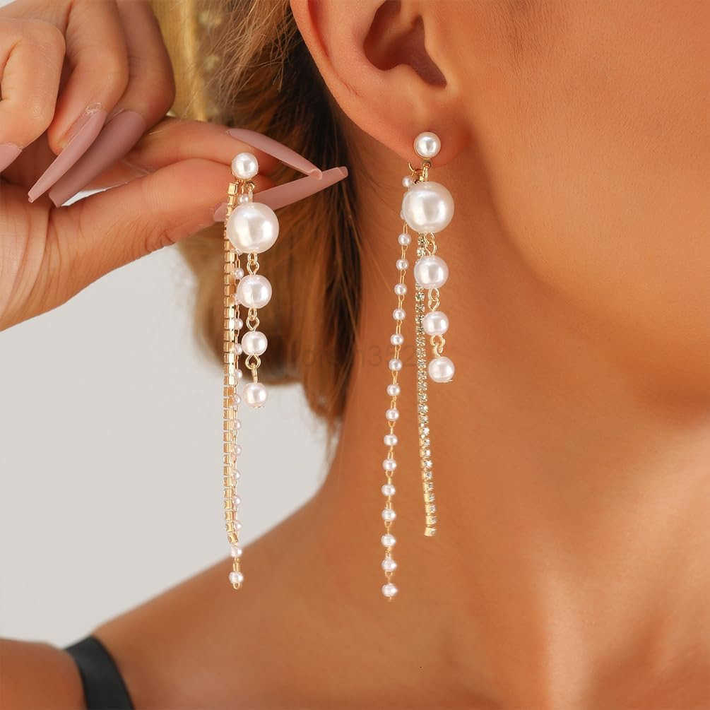 Beaded Pearl Drop Dangle Earrings for Women Charm Crystal Pearls Zircon Long Tassel Stud Earring Dangling Exquisite Prom Party Jewelry GiftsW250911