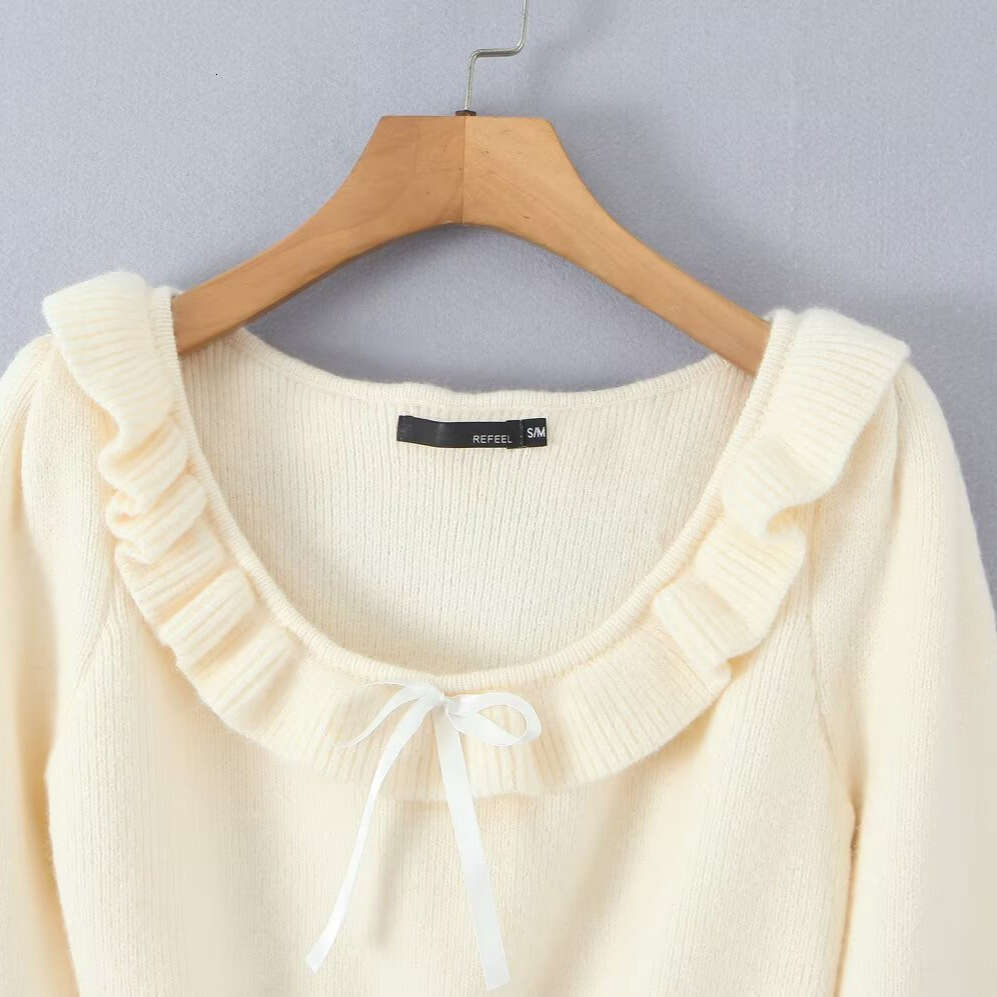 DHEssentials Ins Style 25 New Fashion Korean Sweet Lace Collarbone-Exposing Round Neck Ribbon Bow Sweater