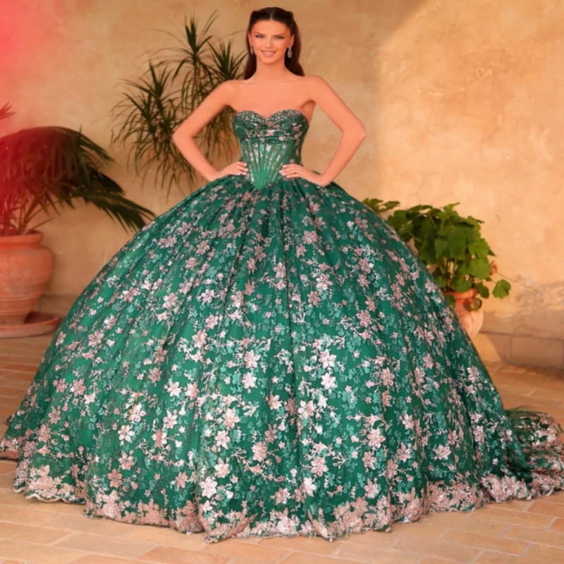 Green Shiny Quinceanera Dresses Ball Gown Off The Shoulder Applique Beads Tull Bow Party Birthday Sweet 16 Dress Vestidos 15 De Anos