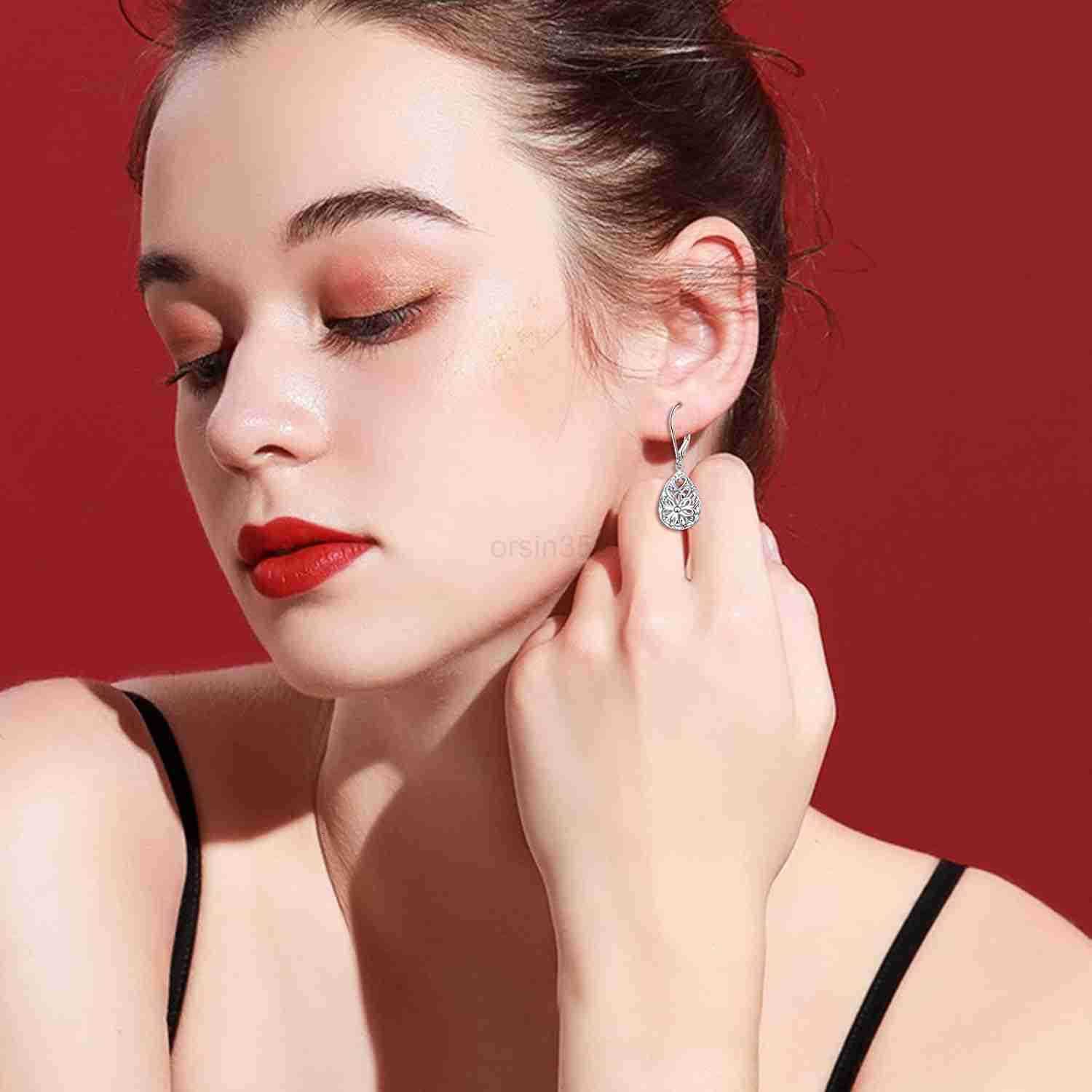 925 Sterling Silver Filigree Dangle Drop Earrings DaisyLotusRose FlowerMoonstone Leverback Teardrop Earrings for Women Infinity Celtic Knot Daisy Lotu