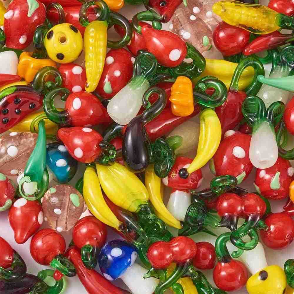 200pcs Fruit Vegetable Lampwork Glass Charm Pendants Handmade Colorful Cherry Pumpkin Chili Glass Dangle Charm Beads for DIY Charm s Necklace FW250911