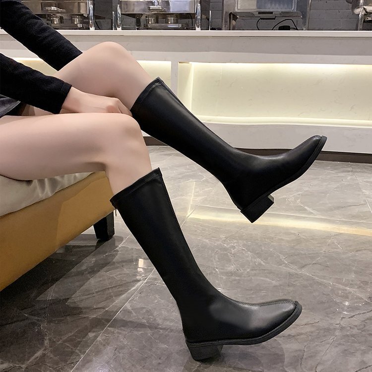Plus size women's over the knee shoes, autumn and winter new designer shoes, Korean style square toe boots, flat shoes, back zipper European and 