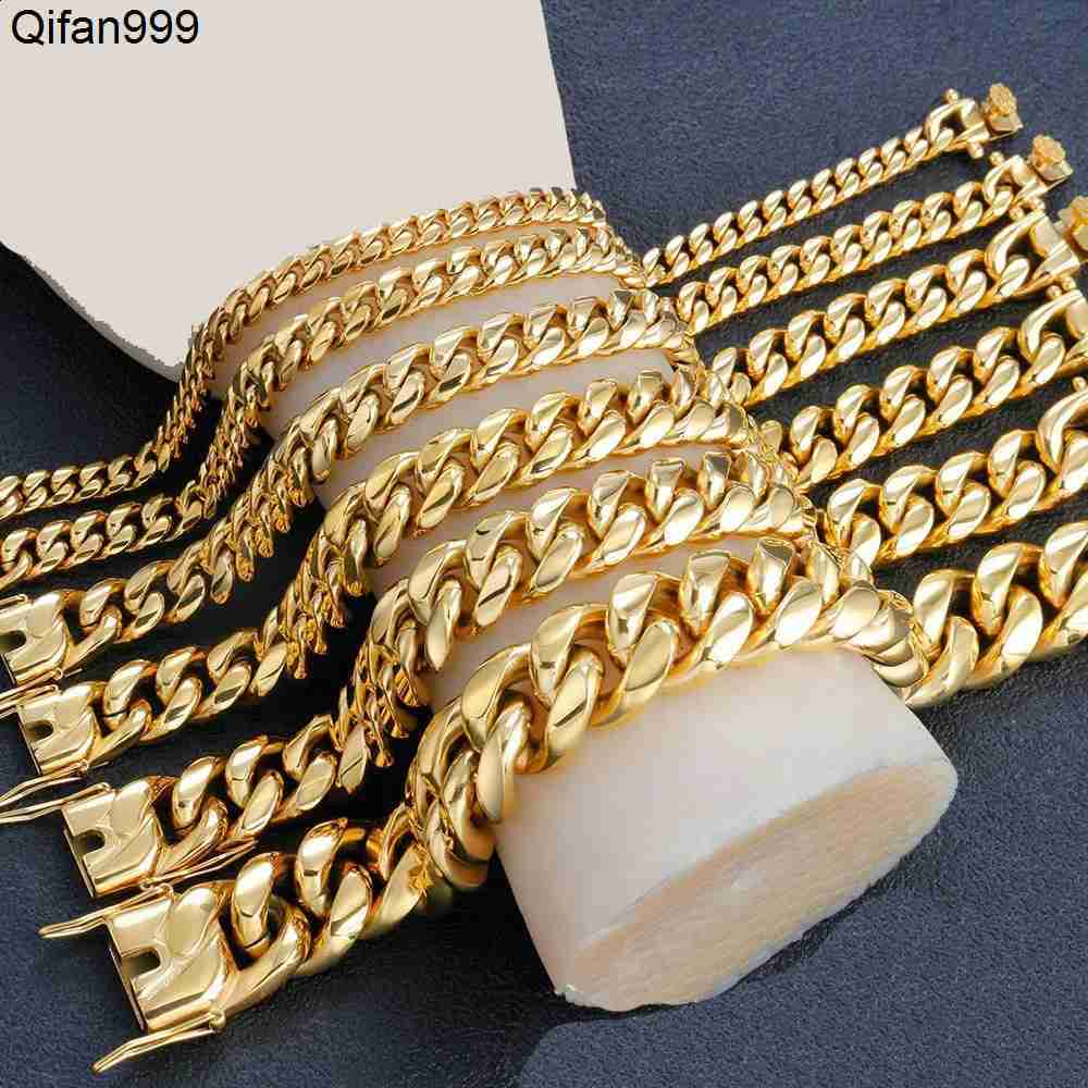 Stainless Steel Miami Curb Cuban Chain Bracelets Hip Hop Gold Plated Jewelry Men Women Accessories Link Lock Clasp Bangles 250110