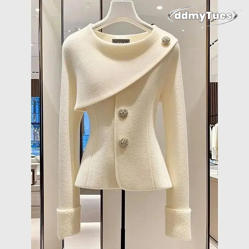 Women's Jackets High End Elegant Jacket Coat Women Autumn Winter O-neck Long Sleeve Fashion Asymmetric Design Office Lady Outwear Tops TUES