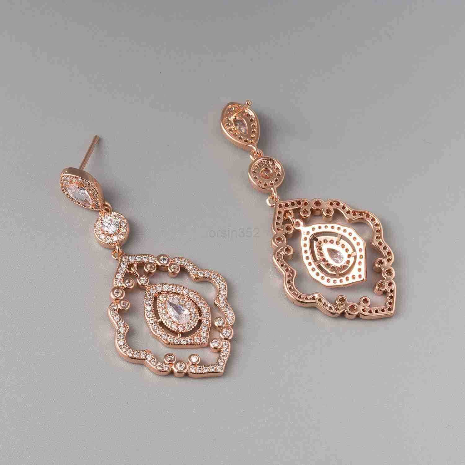 Wedding Earrings Rose Gold Bridal Earrings for Women BridesArt Deco Drop Dangle EarringsW250911