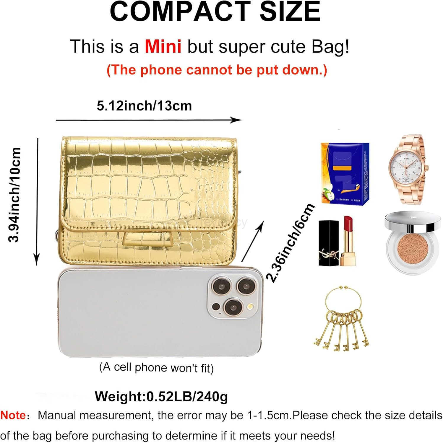Small Crossbody Purse Bag for WomenMini Cute Metallic CrocEmbossed Handbag with Chain StrapW250911