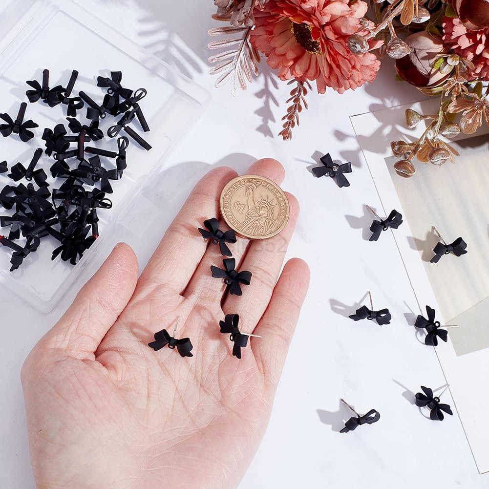 42Pcs Bow Stud Earrings 925 Sterling Silver Alloy Earring Post with Loop 84Pcs Backs Black Bowknot Stud Ear Findings for Women DIY Dangle Crafting Jew