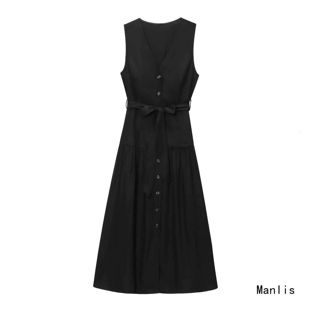 DHEssentials INS2025 New French Style Pure Desire Little Chanel V-Neck Sleeveless Belted Linen Blend Mid-Length Dress