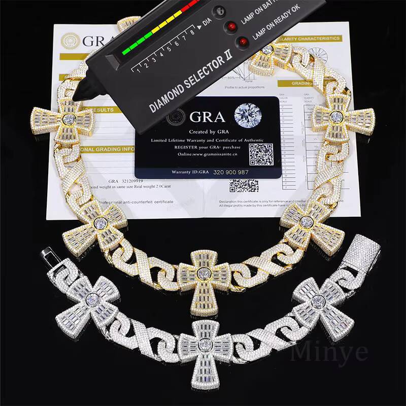 Customized Luxury Cuban Chain 925 Sterling Silver Iced Out Hiphop Jewelry VVS Moissanite Necklace Cross Cuban Link Chain