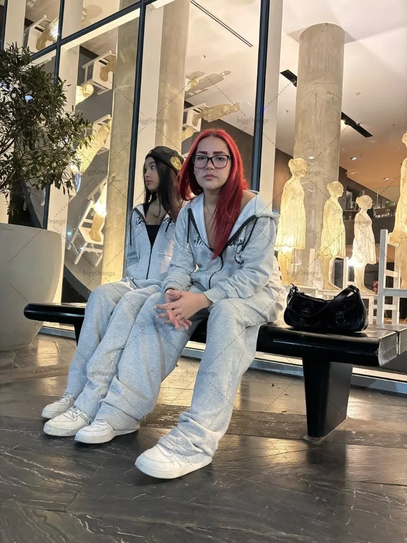 American Retro Hiphop Harajuku Oversized Zipper Sweatshirt Mens Suit Y2K Casual High Street Trendy Loose Wideleg Pants Women 250911