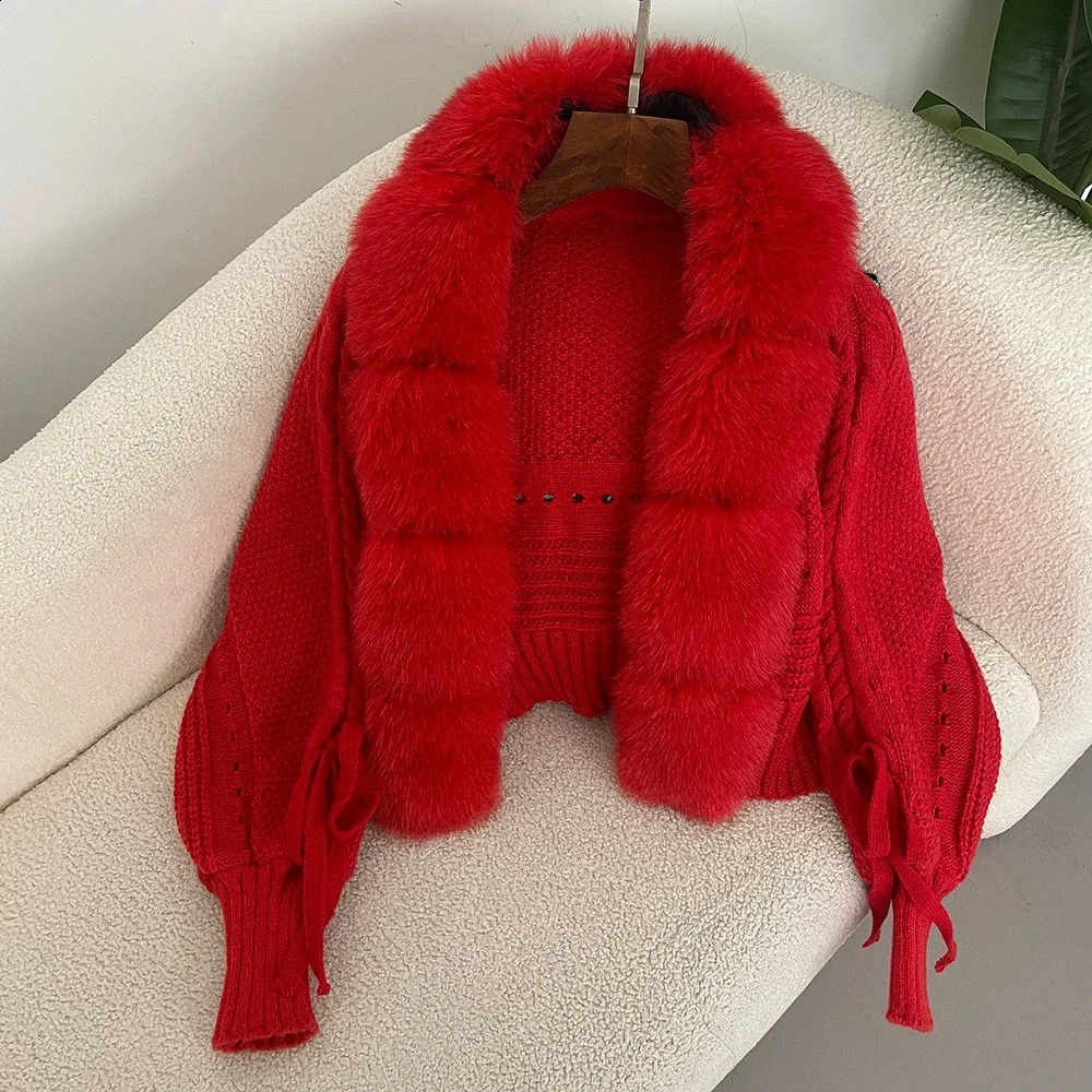 Knitting Cardigan Placket Coat Casual Real Fox Fur Fashion Short Warm Winter Women Knitted Jacket with Natural 250911