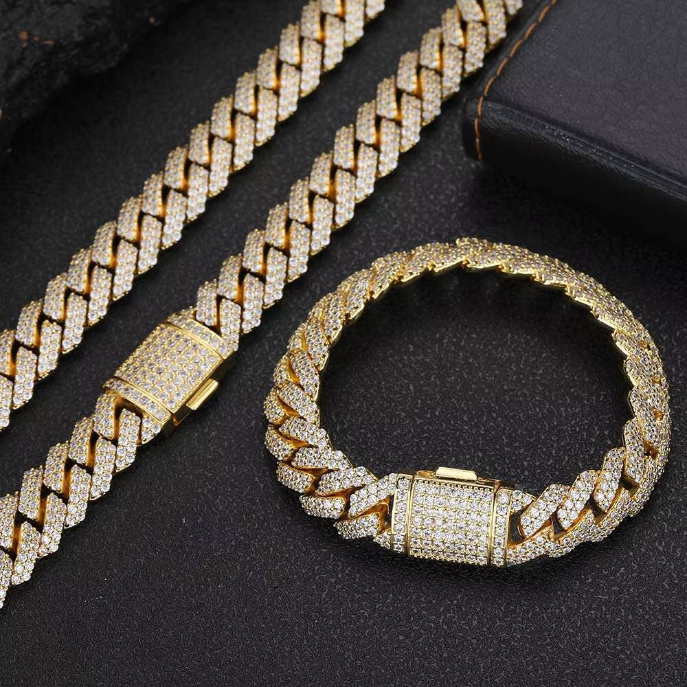 Hip Hop Jewelry 12mm Diamond Prong Cuban Link Chain White Gold Plated Cuban Chain Necklace for Men and Women