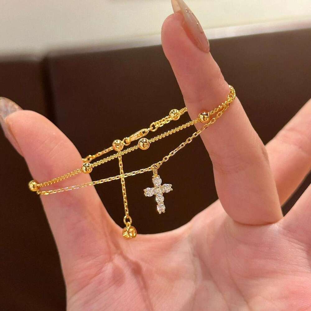 French Style Double Layer Stacked Sparkling Dia Cross for Women, Exquisite Versatile Bracelet with Unique Design Sense