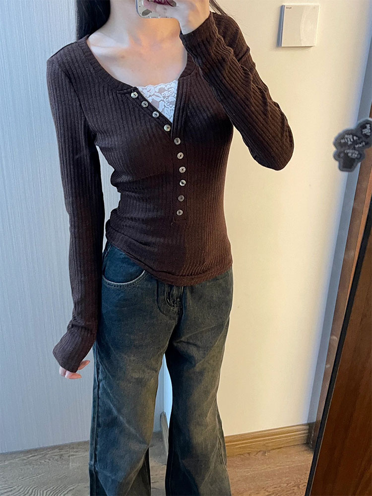 Elevated Vintage Sweater Slim Maillard Brown Pullover Gyaru Autumn Winter Gray Simple V-Neck Knitwear Jumper Casual Thick Warm