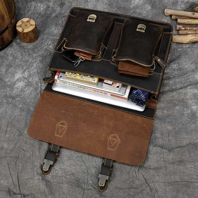 Vintage Men Briefcase Crazy Horse Genuine Leather Man Male Laptop Handbag Large Shoulder Messenger Portfolio Bag Business Case Z250906