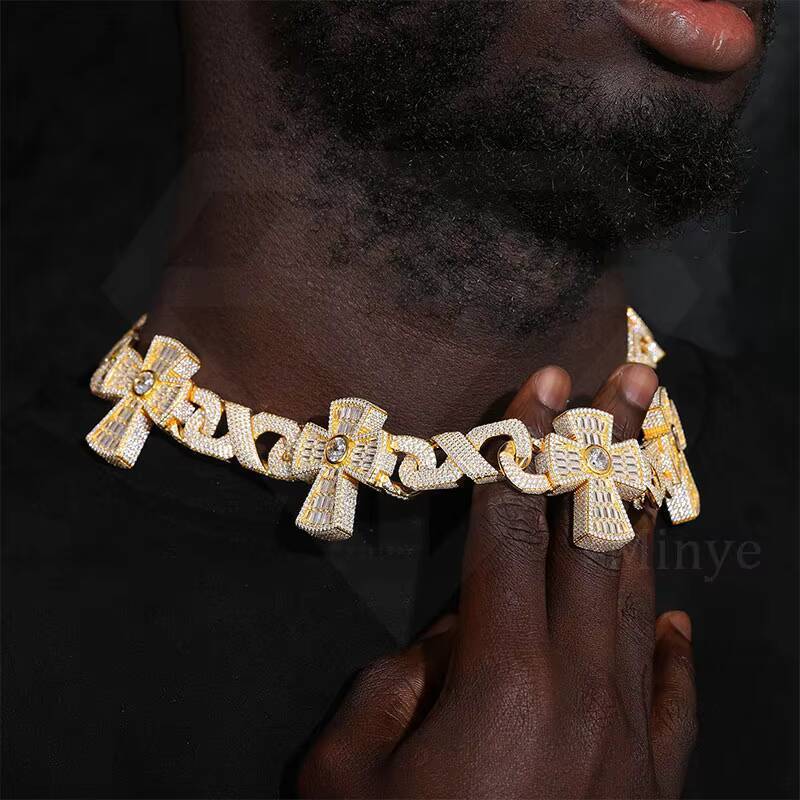 Customized Luxury Cuban Chain 925 Sterling Silver Iced Out Hiphop Jewelry VVS Moissanite Necklace Cross Cuban Link Chain