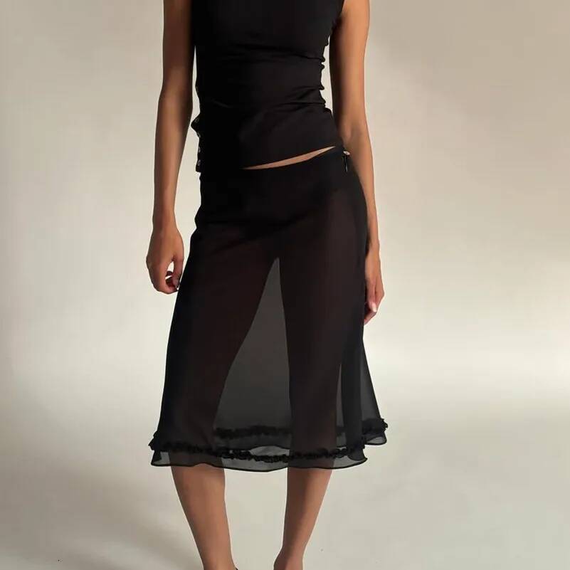 Y2k Fairy Coquette Skirts Dress Women's Midi See Through Low Rise Ruffled Hem Dot Pattern White Black Mesh Sheer Skirt dongdumaoyi