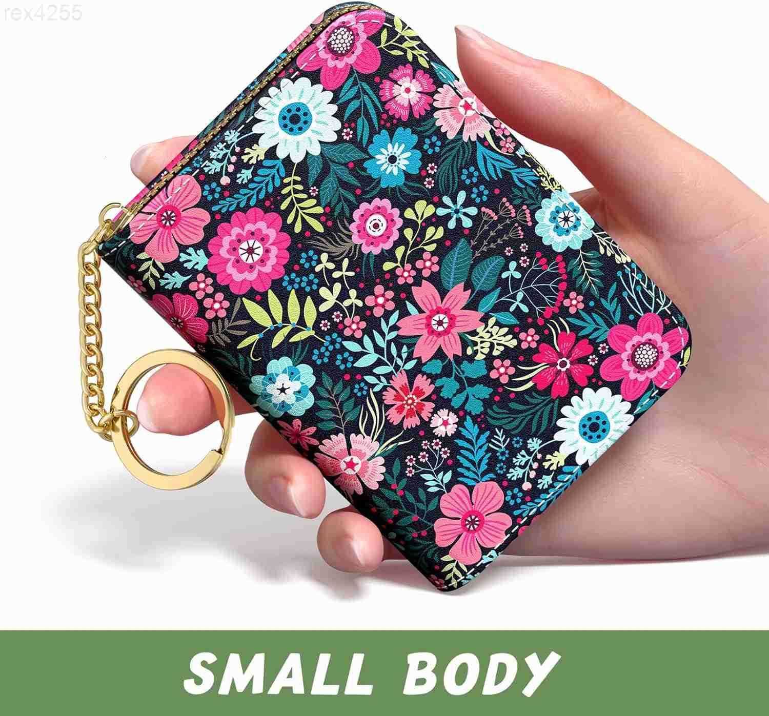 Credit Card Holder Small RFID Wallet Slim Leather Card Organizer Case with Zipper and Keychain Elegant FlowersW250911