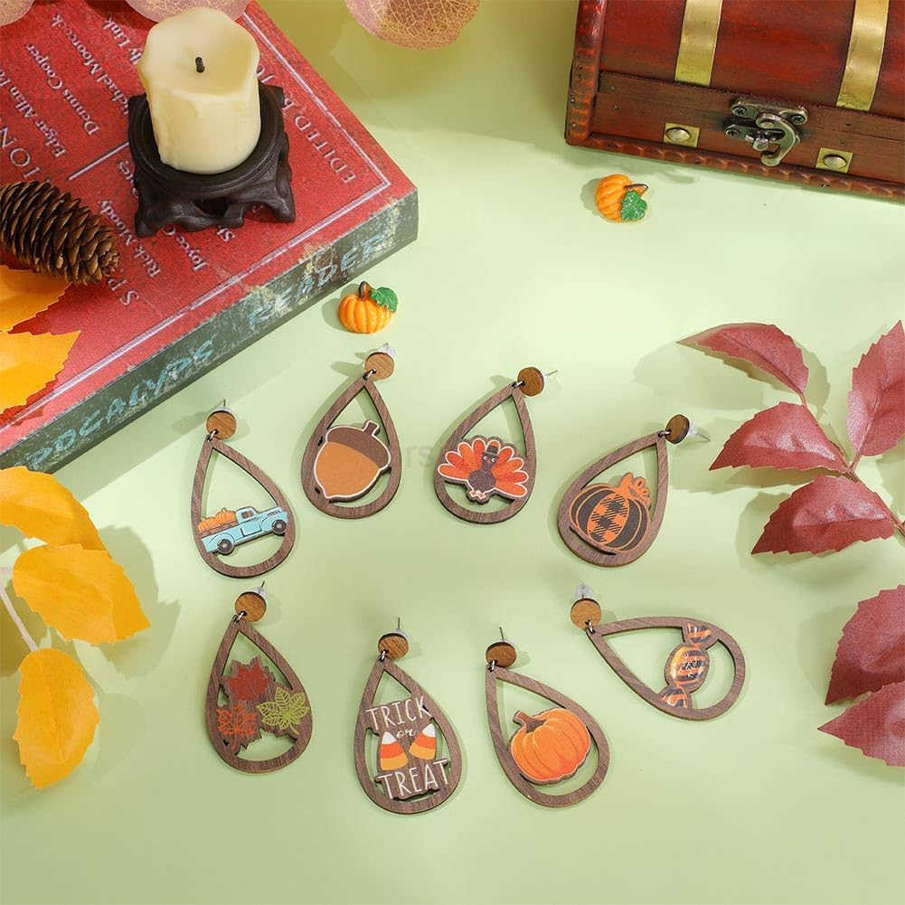 1 Box 72Pcs DIY 8 Pairs Thanksgiving Dangle Making Starter Kit Thanksgiving Earrings Bulk Wood Teardrop Charms Wooden Fashion Earrings for Jewelry Mak