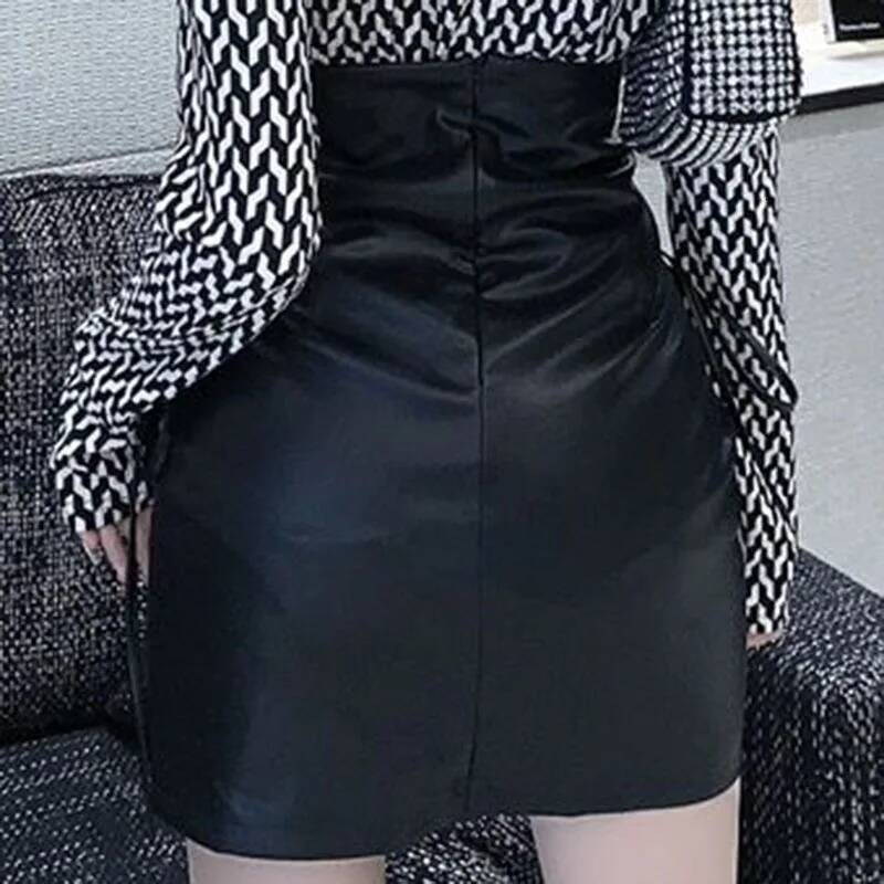 Black Leather Mini Skirts Women Gothic High Waist Slim Fit Lace Up Pencil Female Sexy Club Back Zipper Split Bag Hip Skirt dongdumaoyi