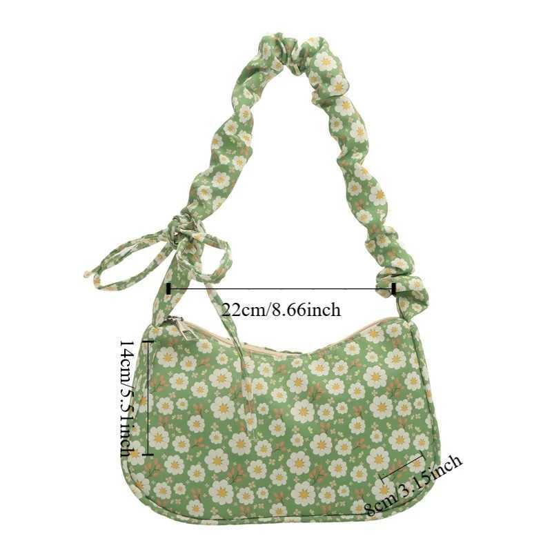 Elegant Flower Pattern Printing Shoulder Bag Bow Large Capacity Sweet Canvas Bag Wrinkle Underarm Bag Lovely Tote Bag Outdoor W250911