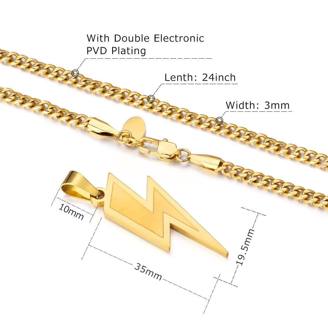 KRKC Fashion 22inches White 18k Gold Plated 316L Alloy Stainless Steel Lightning Necklace Pendant