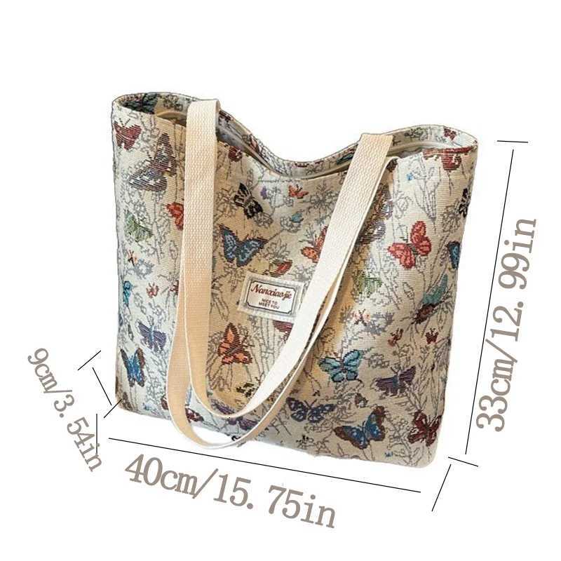 Womens Bag Butterfly Flower Print Embroidery Shoulder Bags Fashionable Canvas Handbags Large Capacity Zipper Shopping Bag Z250911