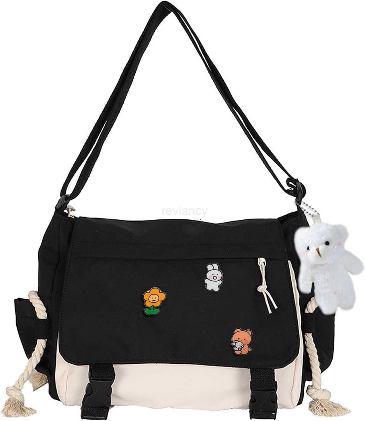 Messenger Bag for Teen Girls Women Kawaii Crossbody Shoulder Purse with Pins and Stuffed Pendant GiftW250911