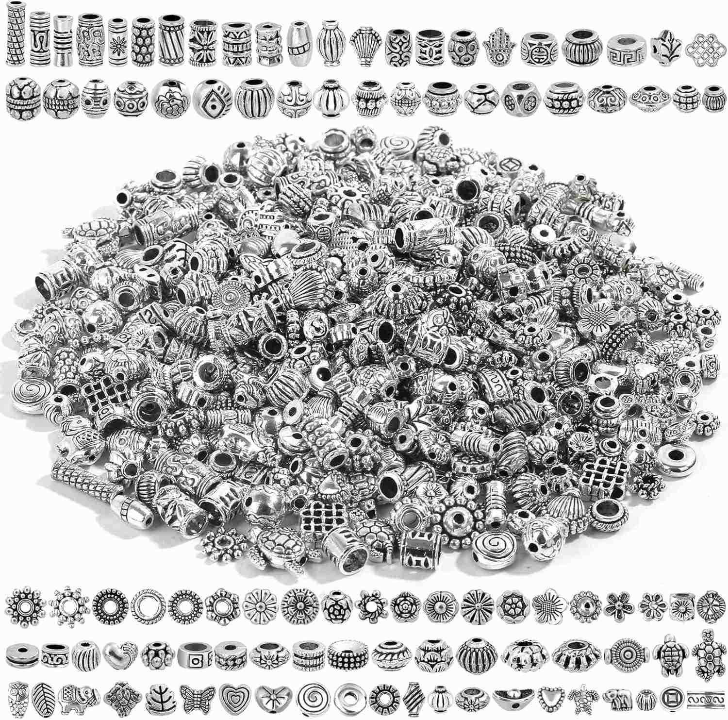 500 Pcs Spacer Beads Silver Bulk Random Styles Loose Spacer Metal Charm for Necklace Earring Making DIY Jewelry AccessoriesW250911