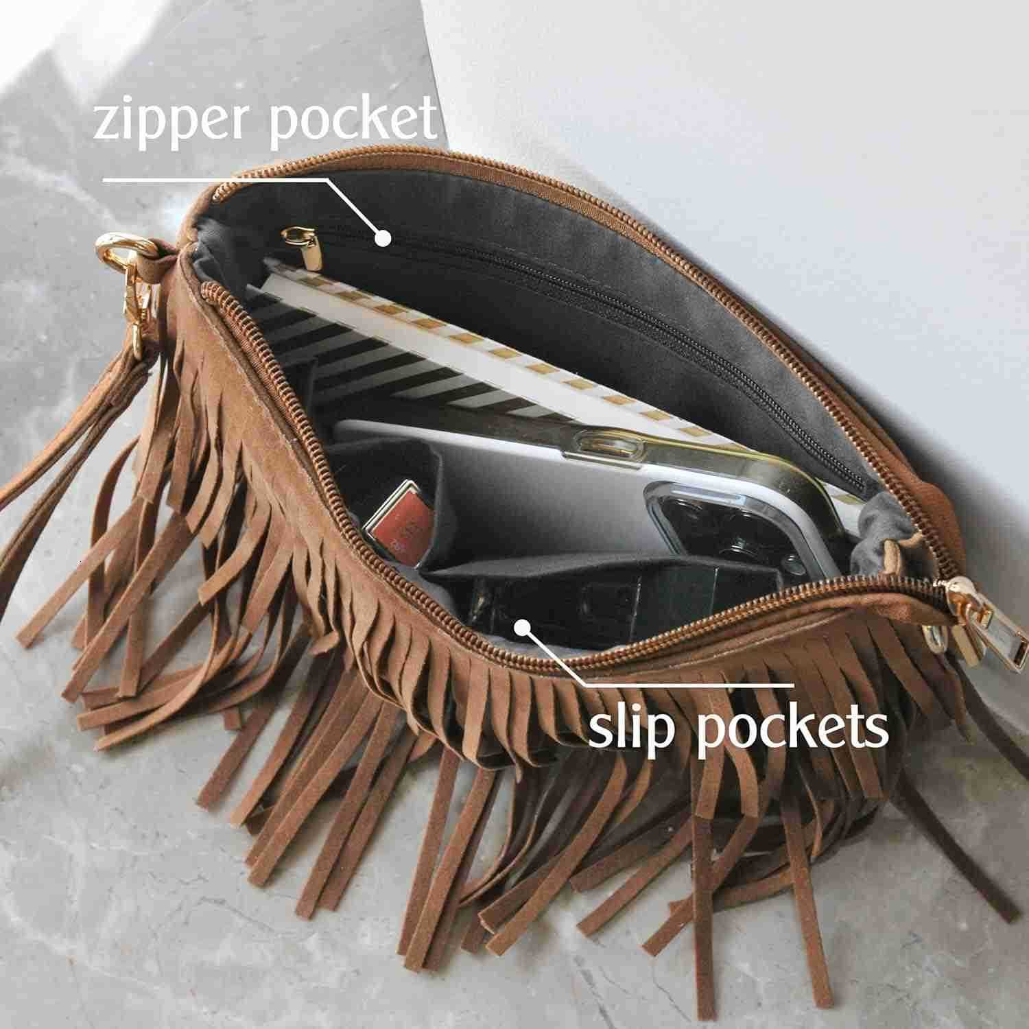 Fringe Cross Body Bag Womens Small Shoulder Bag Top Zip WristletW250911
