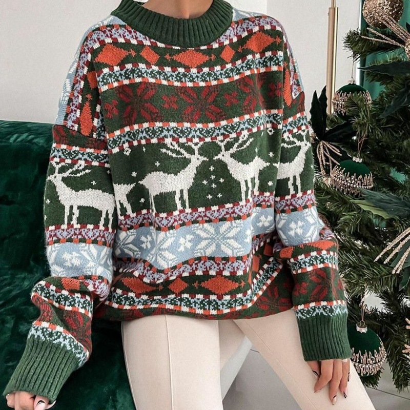 New retro Christmas outfit men deer jacquard sweater autumn and winter loose lazy style men and women sweater men clothing
