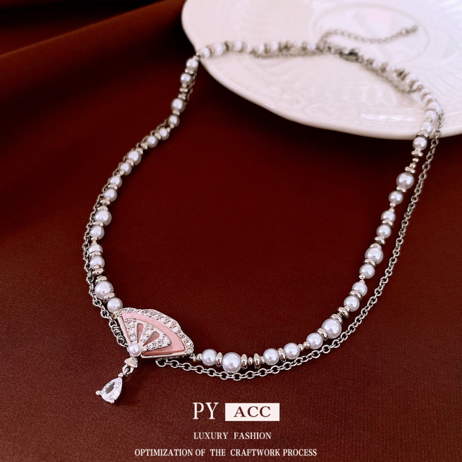 Luxury Brand Designer Jewelry Light Luxury Zircon Pearl Fan-Shaped Water Drop Necklace French Retro Versatile Collarbone Chain Niche High-End Sense Ne