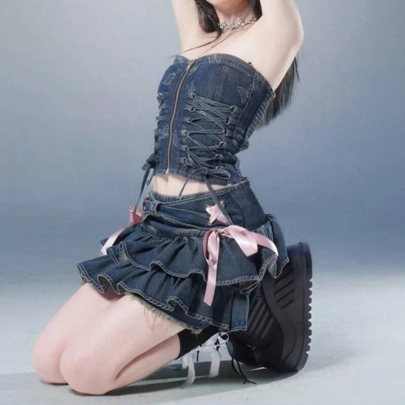 Blue Denim Pleated Bow Fold Design Women's A-line Short Skirt Built in Shorts American Spicy Girl Korean Fashion Hotsweet dongdumaoyi
