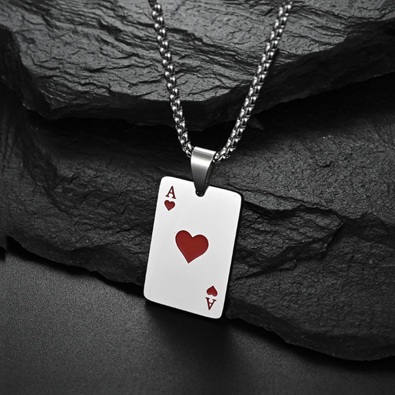 Lucky Spade Necklace Pendant, Hip-Hop Style Heart Ace of Spades Playing Card Cool Clubbing Pendant, Titanium Steel