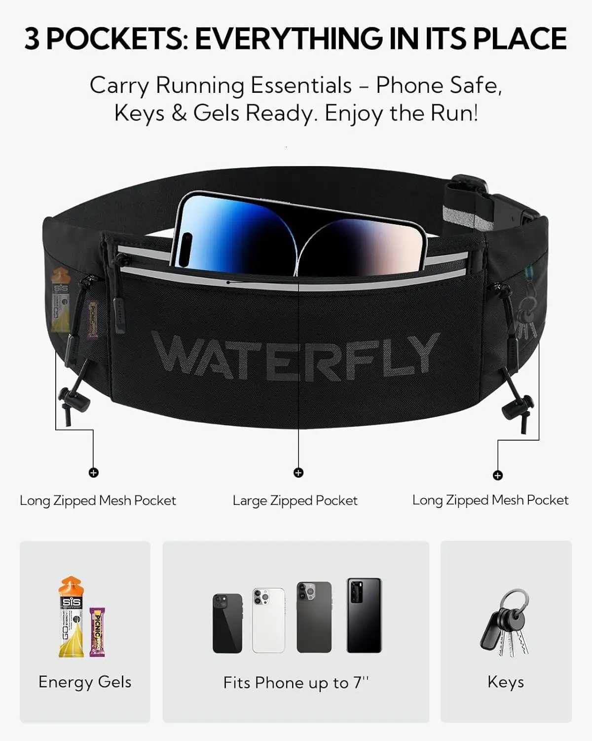 WATERFLY Running Belt Fanny Pack Breathable 3 Pocket Waist Bag for Men Women Workout Exercise Fitness Phone Holder Fits ALL Pho Z250911