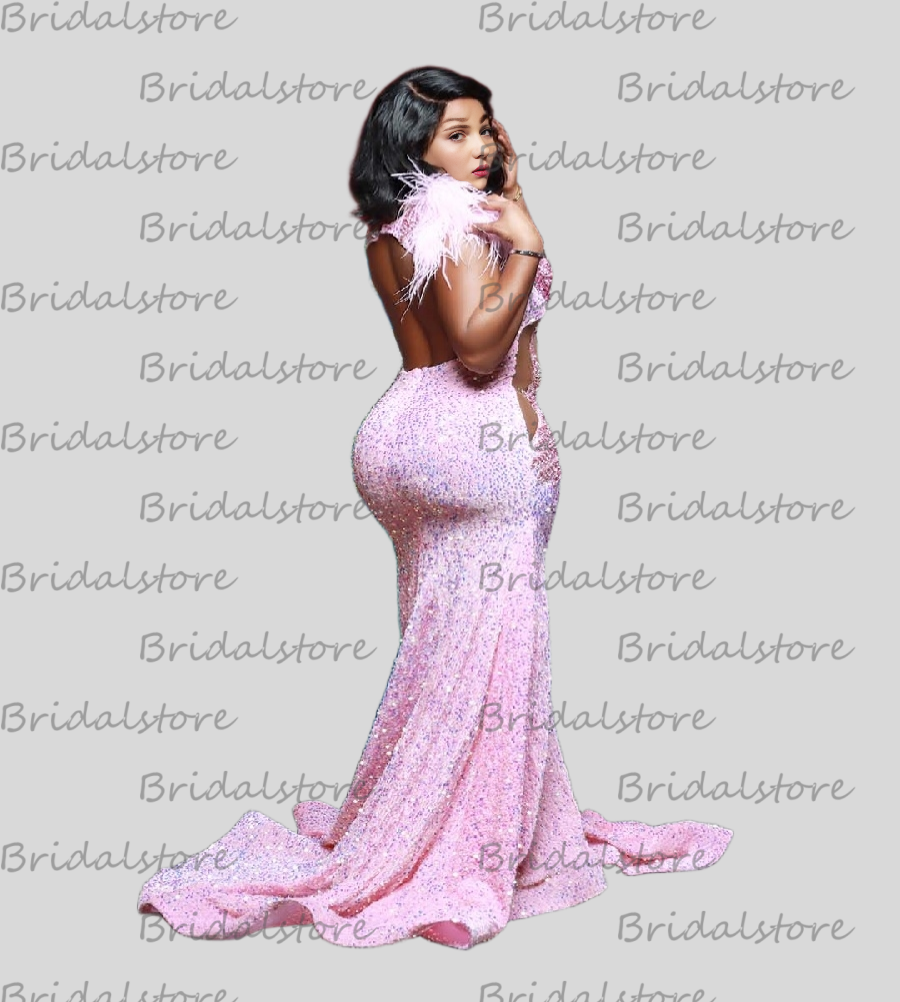 Sparkly Pink Sequin Evening Dress With Feather Plus Size Diamond Crystal Mermaid Prom Dress Open Back Birthday Party Dress 2025 Shiny Bespoke Occasion