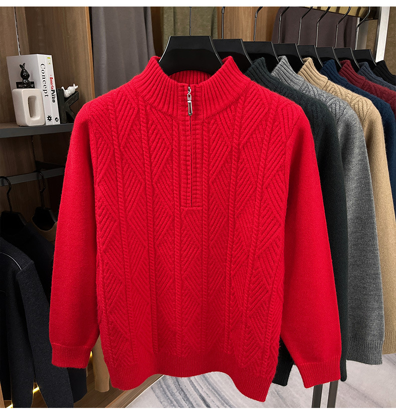 Men's Mid-Age & Young Adult Half-Zip Sweater - Winter Thickened, Warm, Business-Casual Pullover Base Layer Knitwear