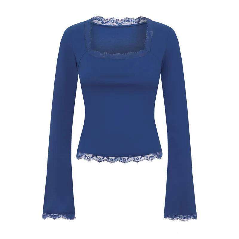 Imcute Women's Spring Lace Trim Tee Shirt Blouses Fashion Long Sleeve Square Neck Slim Trendy Party T-Shirt Y2k Streetwear