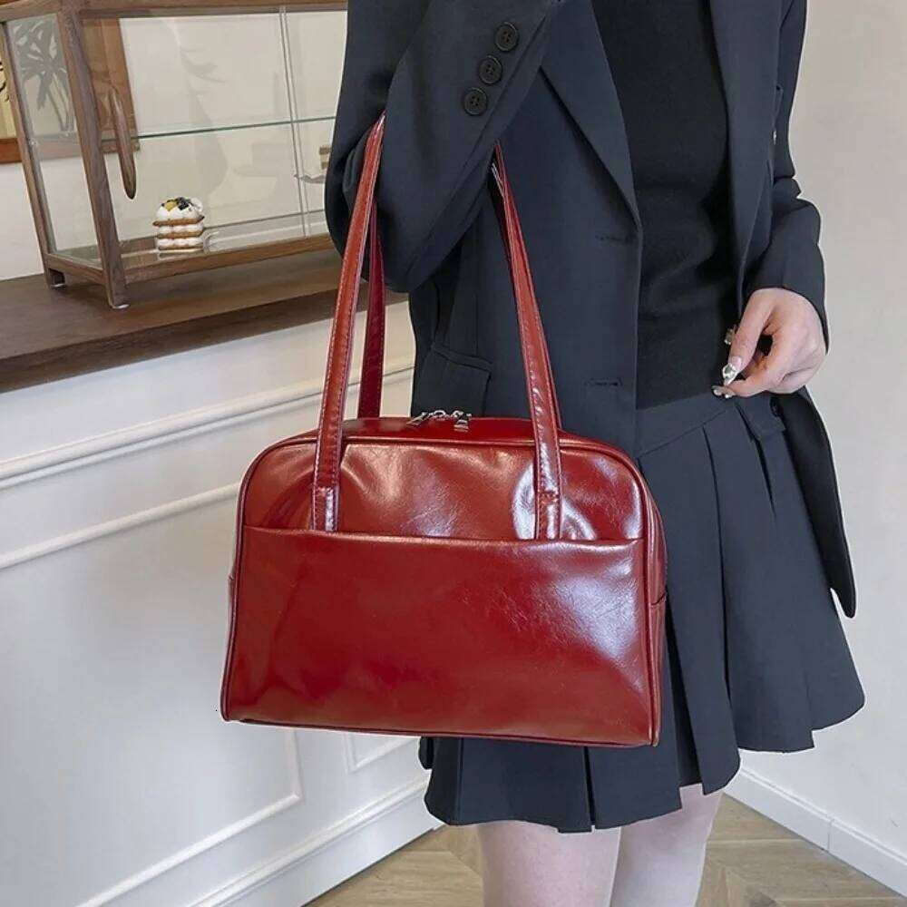 Korean Style Boston Shoulder Large Capacity Solid Color Pu Leather Tote Square Underarm Bag Women's Handbag Girls