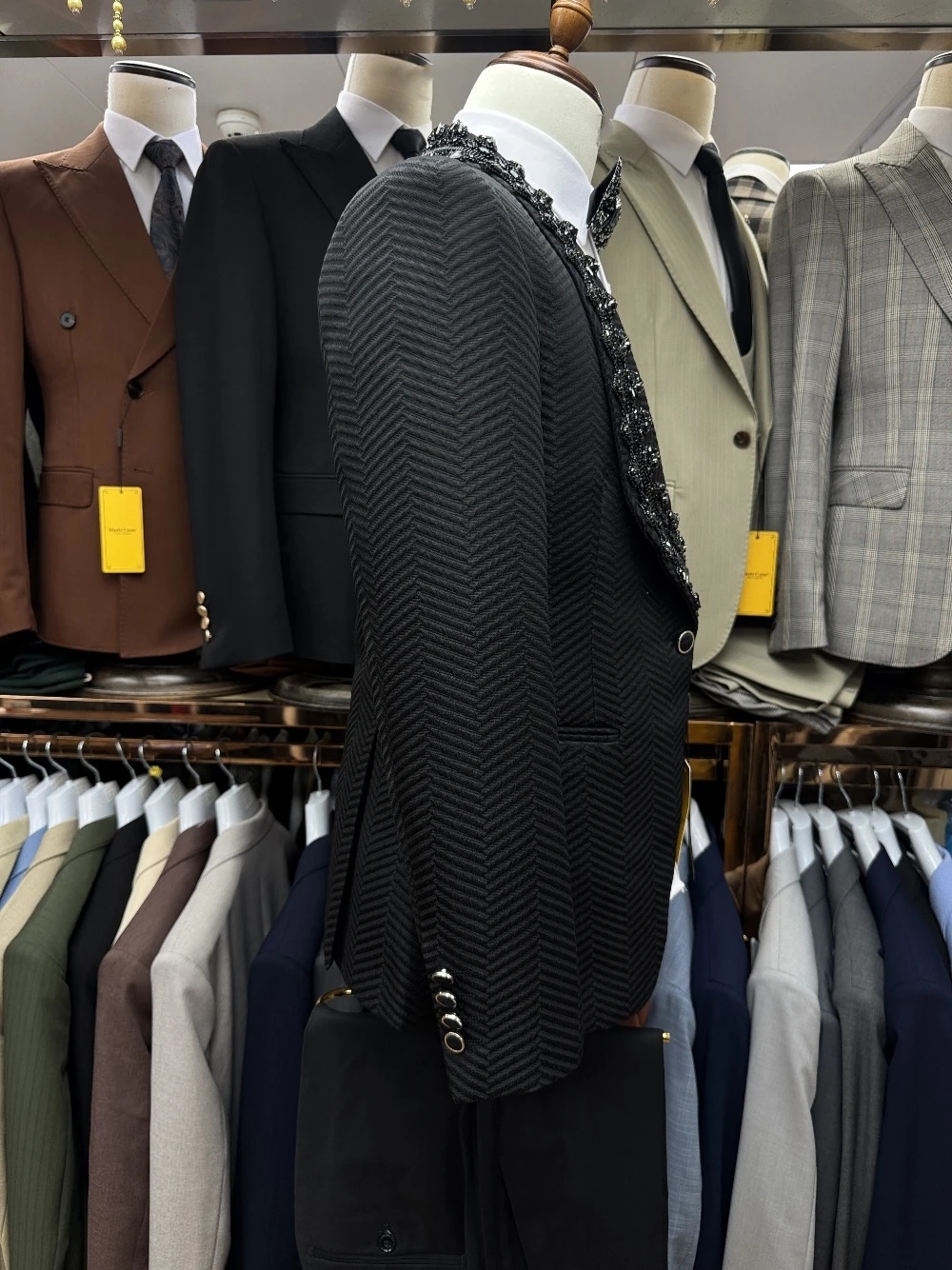 Luxury Men's Suit Shawl Lapel Beads 2 Pieces Set Tailor-Made Jacket Herringbone One Button Crystal Beading Blazer Customized Coat Pants Plus Size