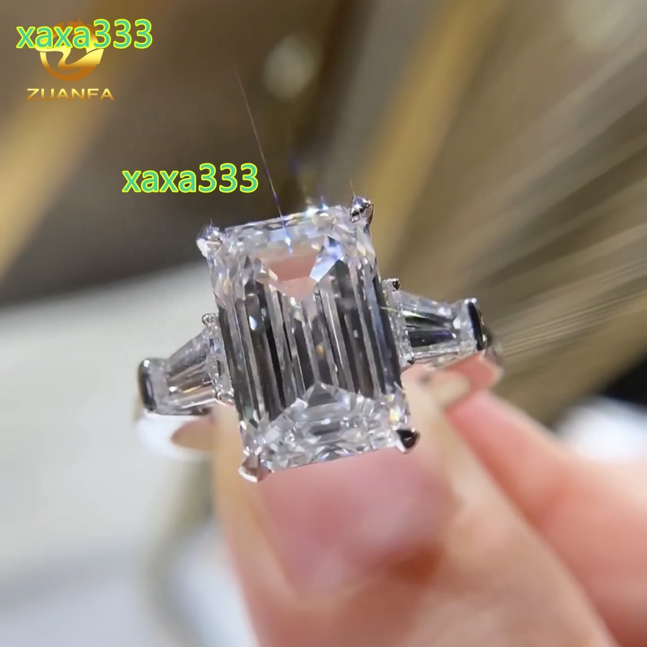 14K White Gold VVS DEF Color 4CT Emerald Cut CVD Lab Diamond Engagement Ring Three Stone Design