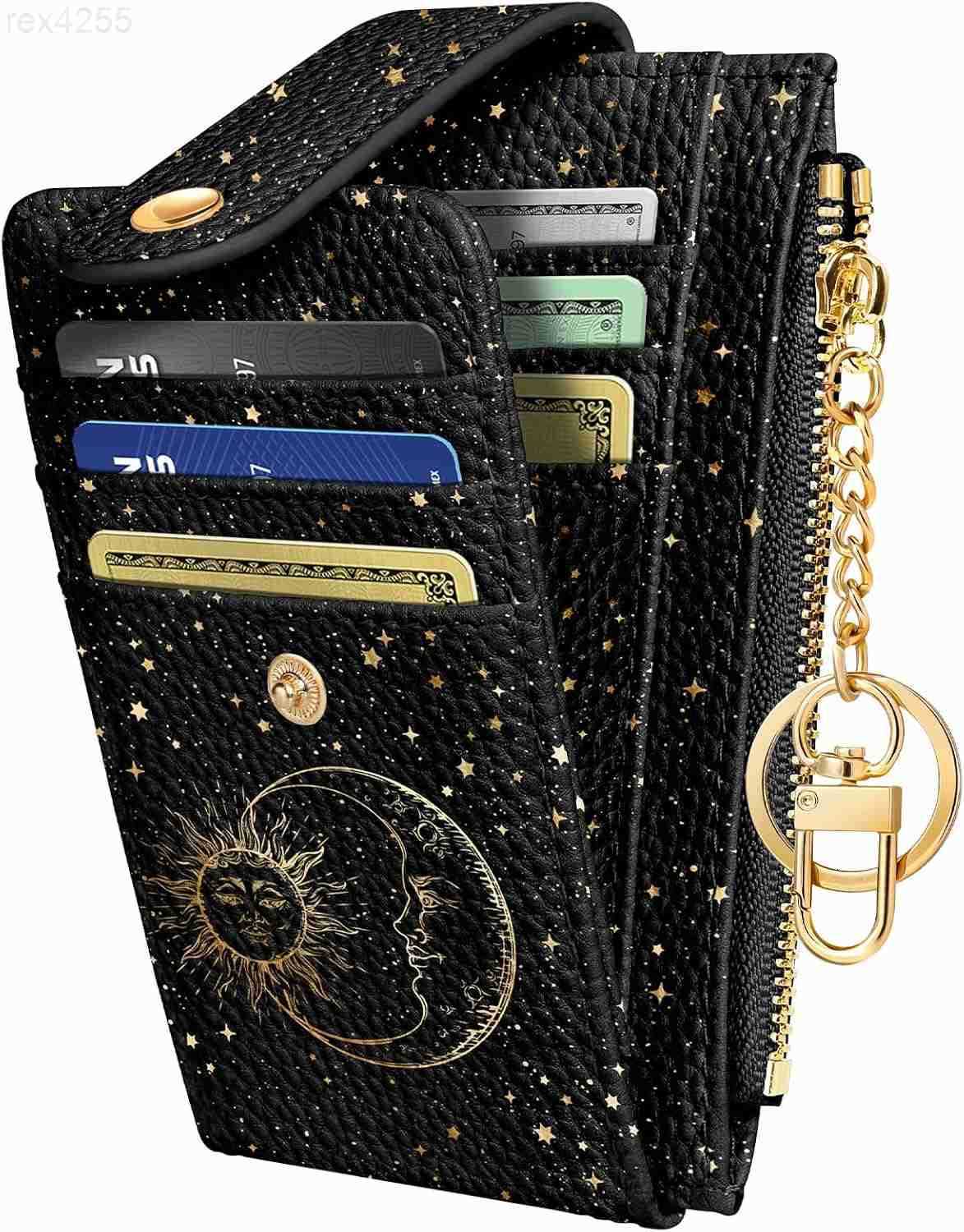 Cute Card Wallet Women Small Wallets with Keychain Sun Moon RFID Credit Cardholder Aesthetic Fashion Design Coin Purse for Female Ladies Teen GirlsW25