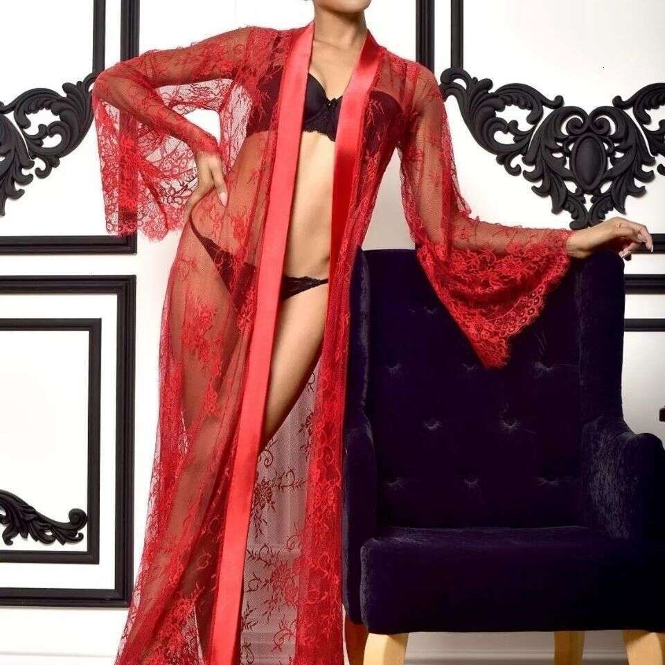 Sheer Lace Long Robe with Satin Belt-Sexy lingerie two-piece, Ideal for Romantic Evenings and Loungewear