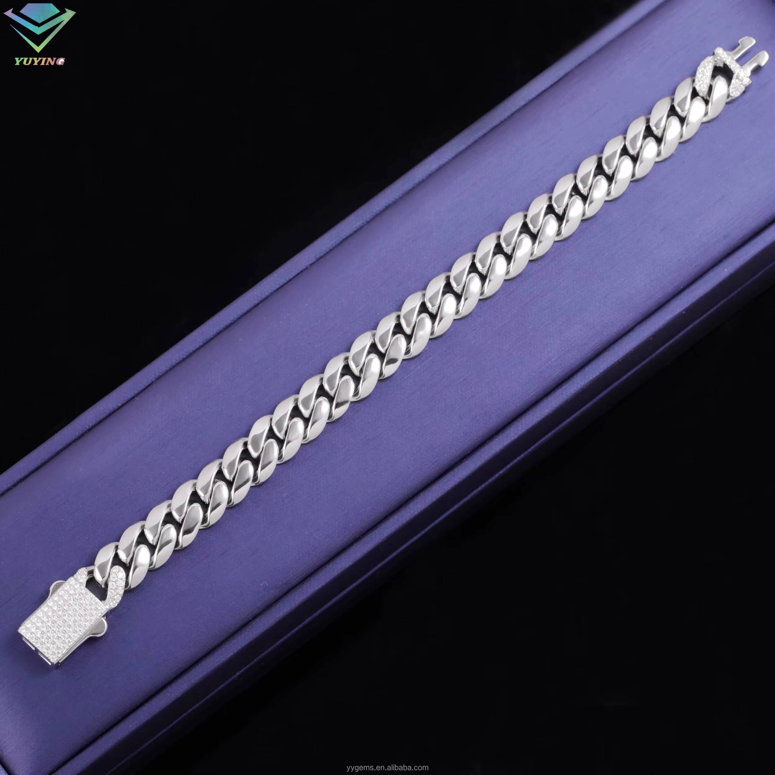 Spring/Snap Clasp White Gold Plated 8/10/13MM Miami Cuban Link Solid 925 Silver Plain Chain Moissanite Lock Cuban Chain Necklace