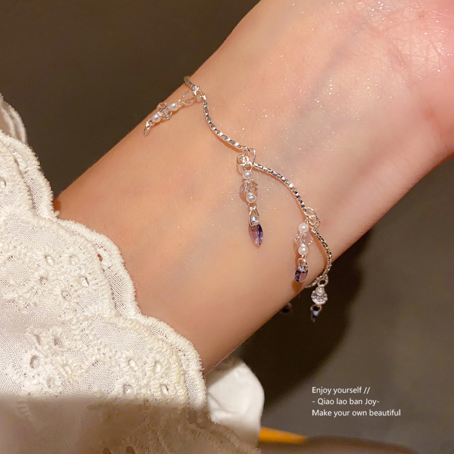 Silver - Toned Bracelet With Dangling Purple Teardrop Crystals, Delicate Beaded Accents Delicate Daily & Dreamy Jewelry Gift For Her High - Quality An
