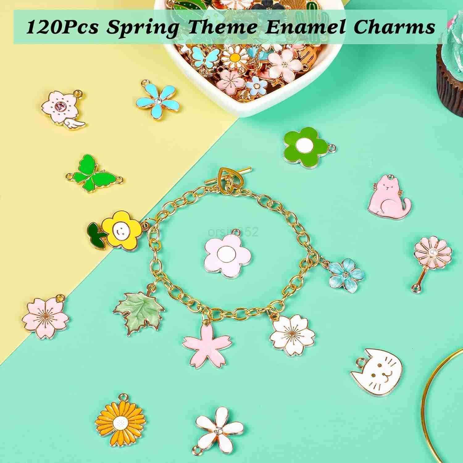 120 Pcs Spring Summer Floral Themed Charms Flower Charms for Jewelry Making Assorted Gold Enamel Charm Pendants for DIY Necklace Earrings SupplW250911