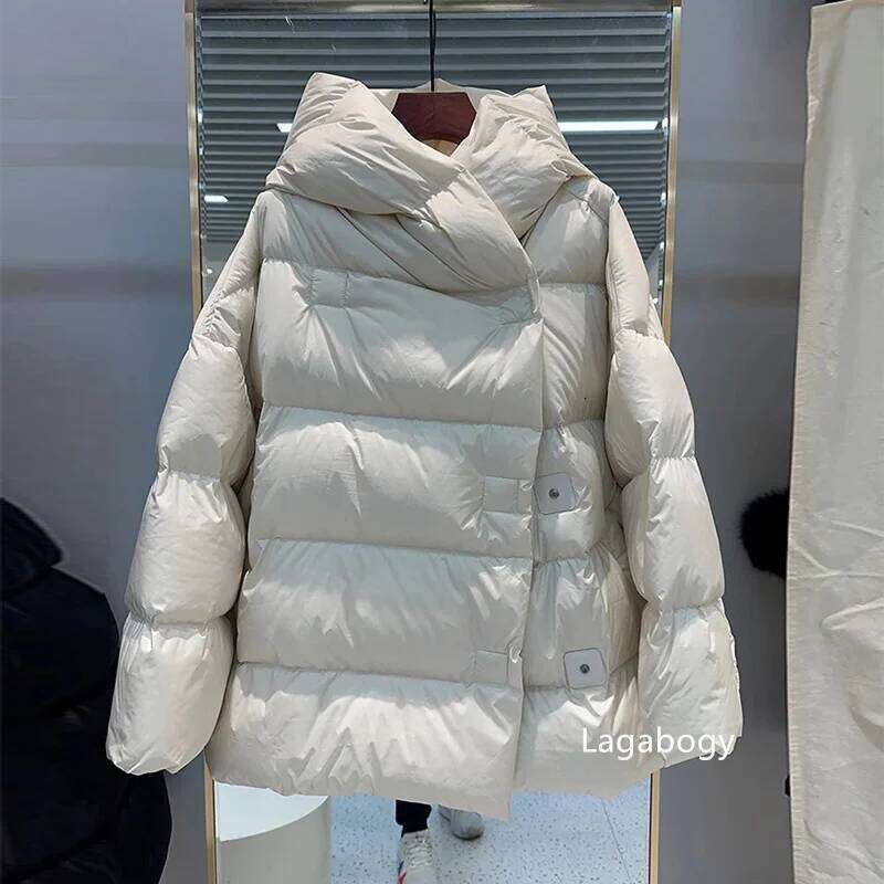Lagabogy 2025 Winter Women Fluffy Hooded 90% White Duck Down Jacket Female Oversized Warm Solid Puffer Coat High Quality