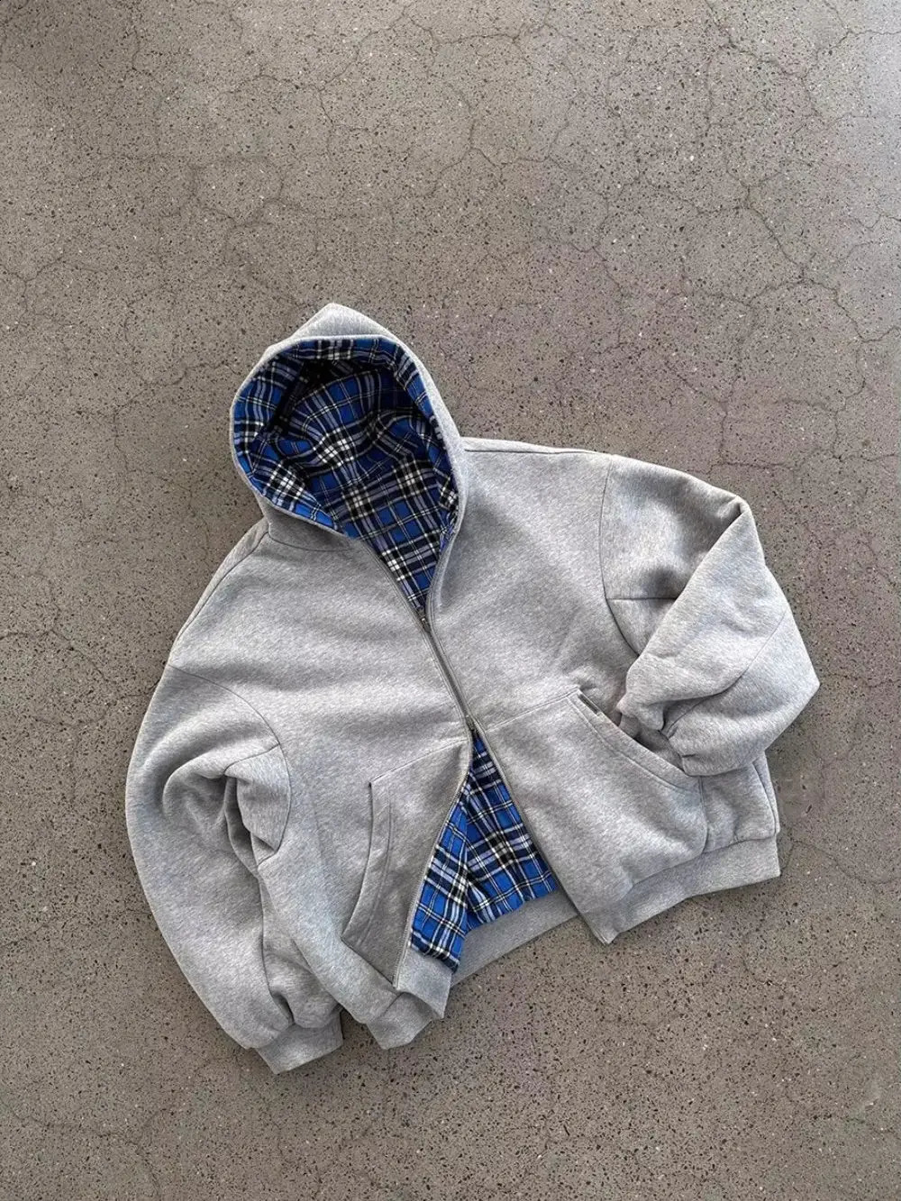 Blue DoubleSided Simple Style Wearable Gray Sweatshirt Plaid Inside Gothic Jacket Men And Women Streetwear 250911