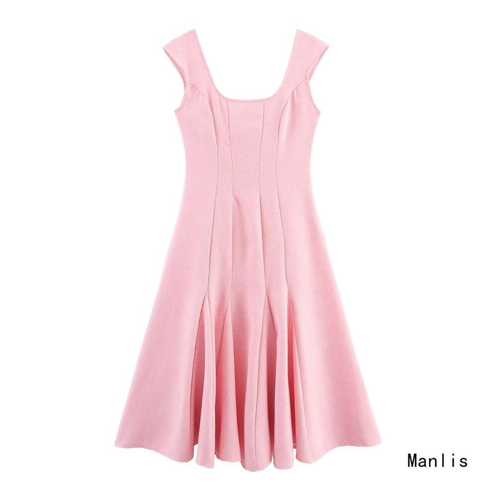 DHEssentials INS French Style Elegant Waist-Cinching Spring Summer Women's Fashion Chic U-Neck Flared Strap Dress