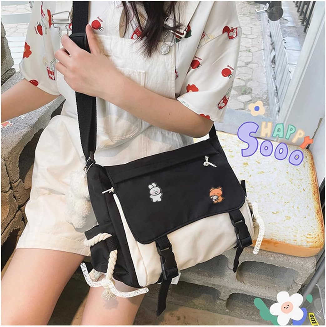 Messenger Bag for Teen Girls Women Kawaii Crossbody Shoulder Purse with Pins and Stuffed Pendant GiftW250911